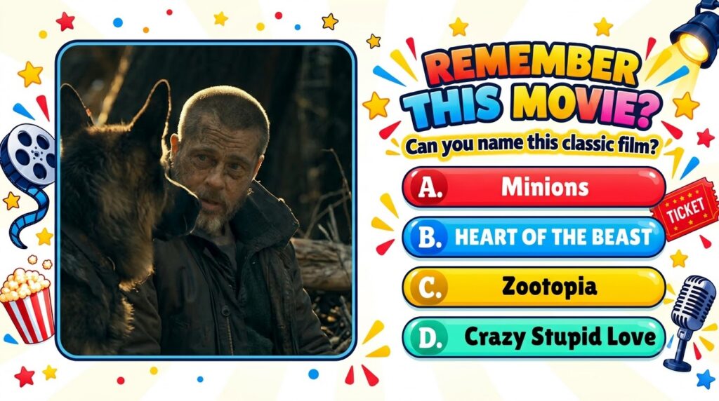 A close-up movie still featuring a rugged man identifiable as Brad Pitt with a beard alongside a loyal-looking dog Both 