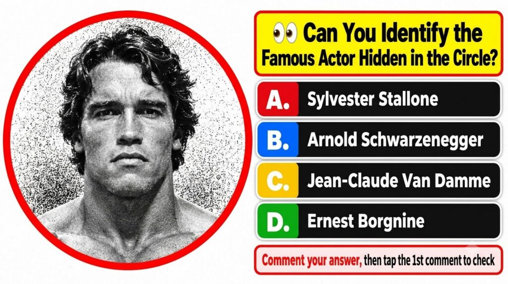 A black and white portrait of a young Arnold Schwarzenegger partially obscured by a speckled dithered texture within a r