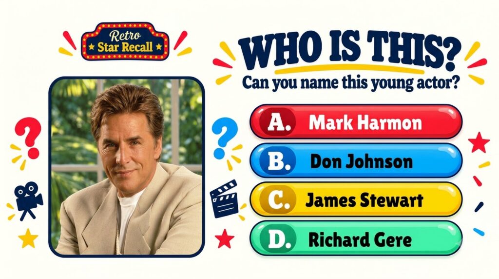 Retro-themed quiz graphic with a young Don Johnson portrait question marks film icons and four answer buttons The title 
