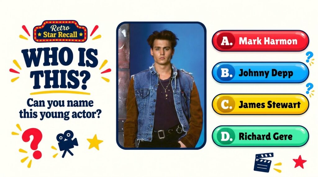 A quiz graphic titled Retro Star Recall Who Is This featuring a young Johnny Depp with messy hair wearing a denim vest D
