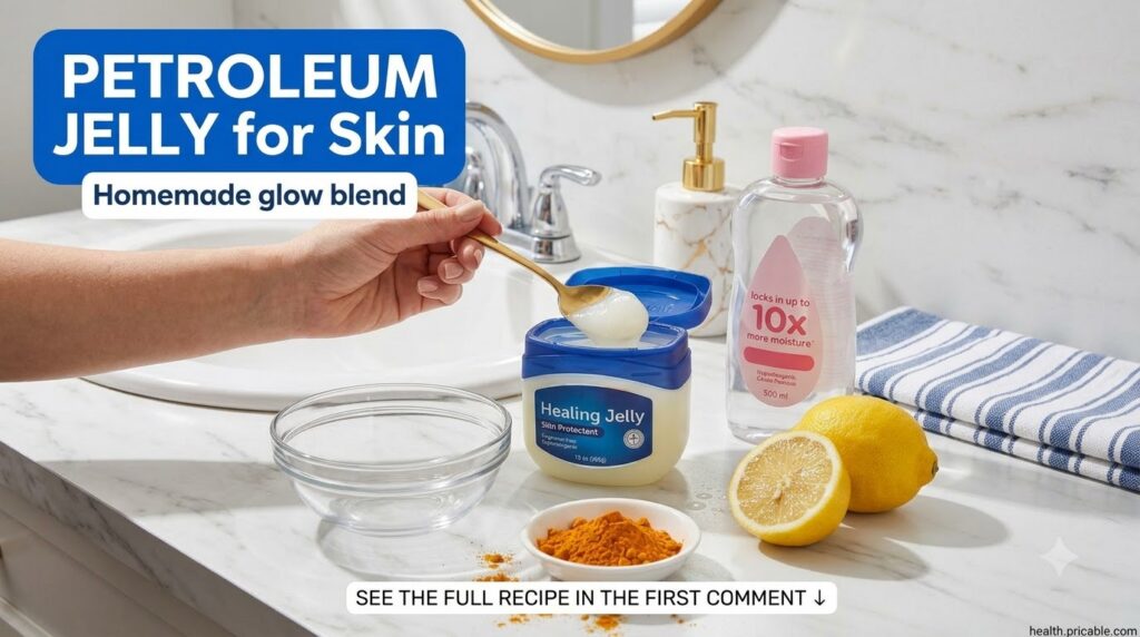 A flat lay image showing the ingredients for a homemade glow blend on a white marble surface a jar of Vaseline a bottle 