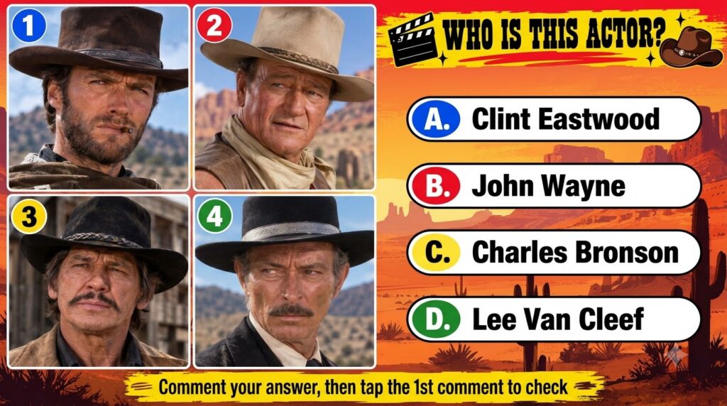 A social media quiz card featuring the question WHO IS THIS ACTOR a 2x2 grid of four classic Western actors in cowboy ha