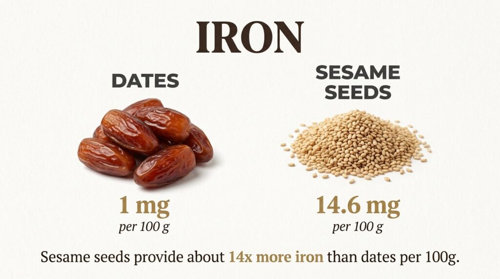 A visual comparison infographic showing dates on the left and sesame seeds on the right highlighting their respective ir