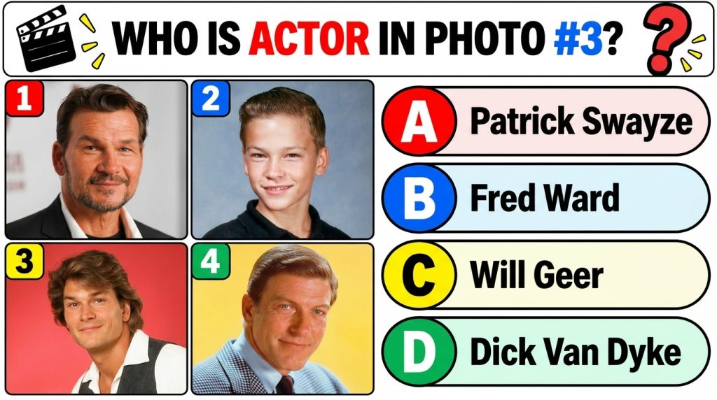A multiple-choice quiz image with four distinct portrait photographs of actors in a 2x2 grid asking WHO IS ACTOR IN PHOT