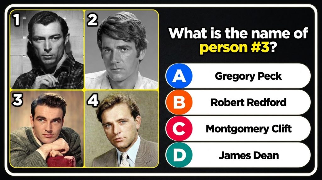 A multiple-choice quiz image featuring four headshots of classic male actors in a 2x2 grid The central figure to be iden