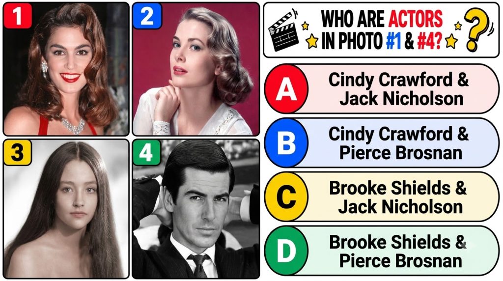 A multiple-choice quiz asking to identify an actor showing a headshot of Pierce Brosnan among other options