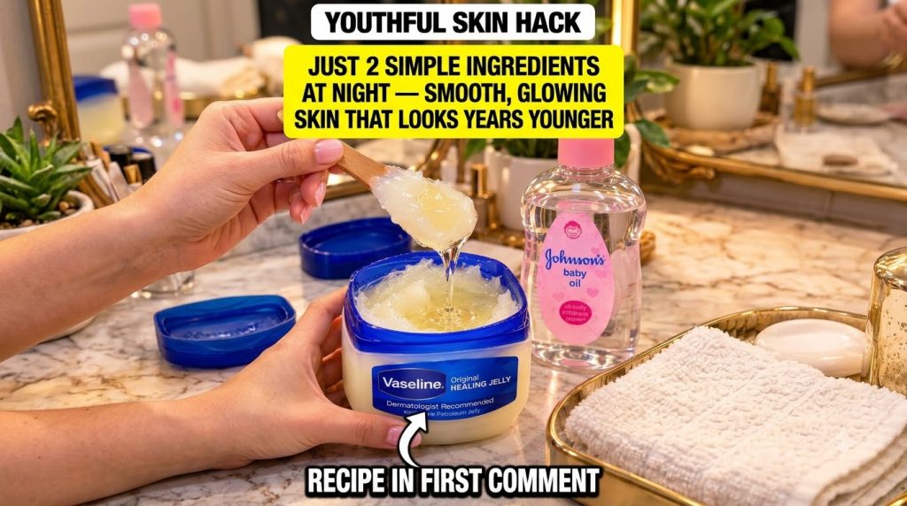 A hand scooping pale yellow Vaseline from a jar with a small wooden spoon with a bottle of Johnson s baby oil next to it