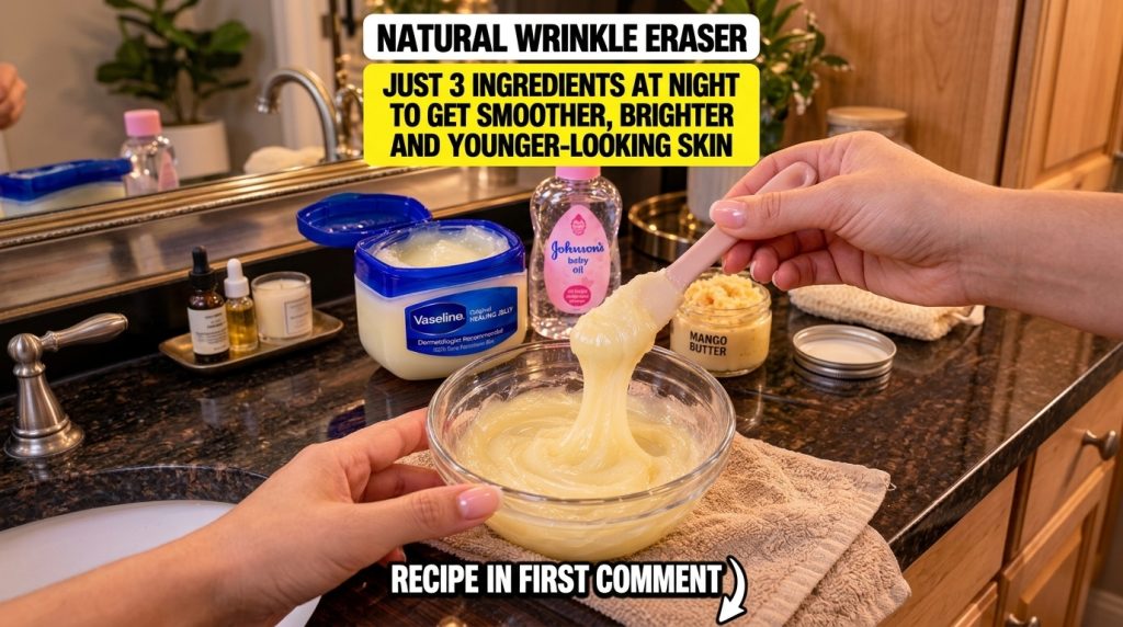 A close-up of a yellowish homemade skin cream being stirred with a pink spatula in a glass bowl with Vaseline Johnson s