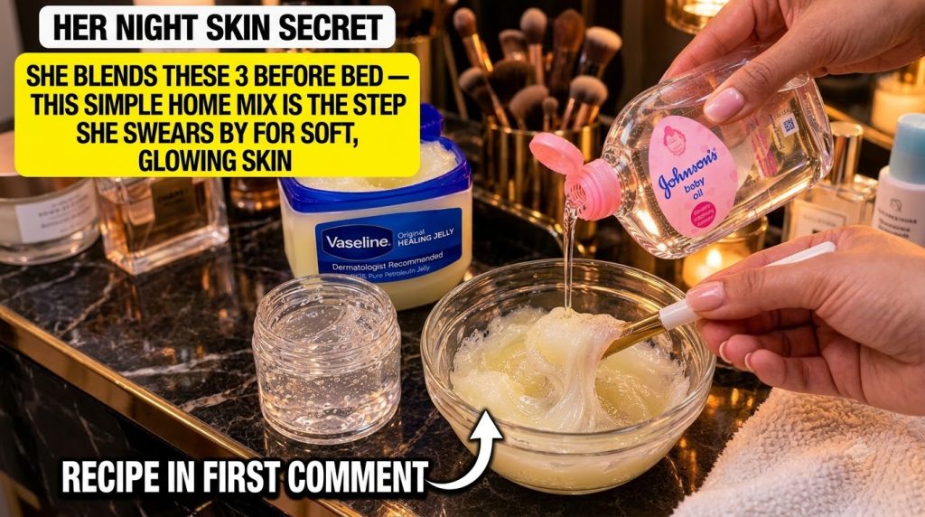 A hand pouring baby oil into a glass bowl containing petroleum jelly with a jar of Vaseline visible in the background