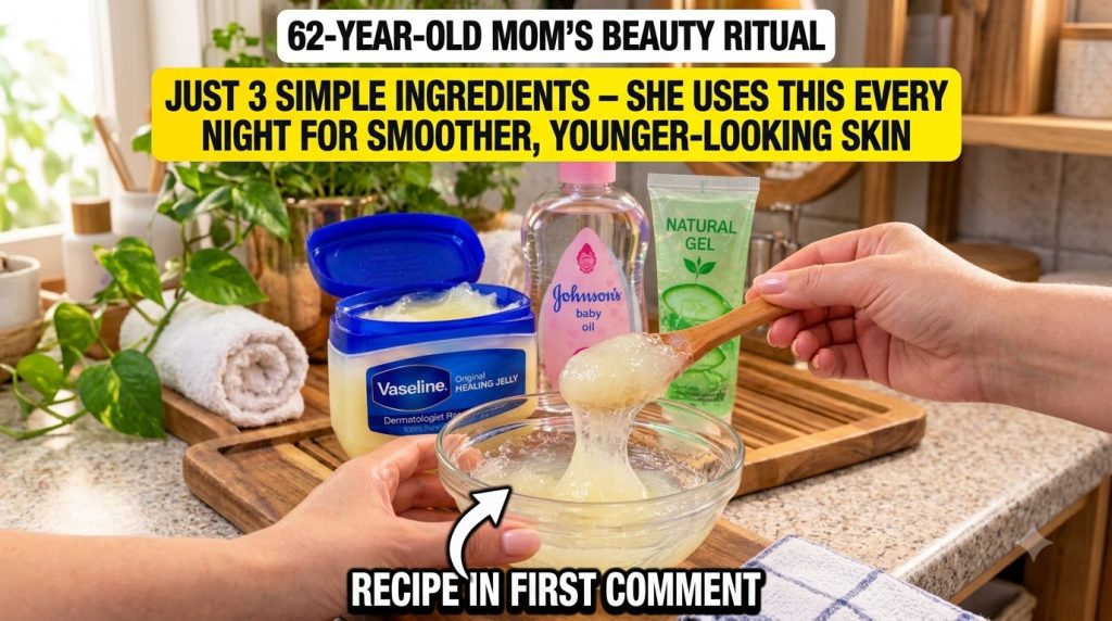 Two hands mixing a translucent jelly-like substance in a clear bowl with a wooden spoon In the background Vaseline Johns