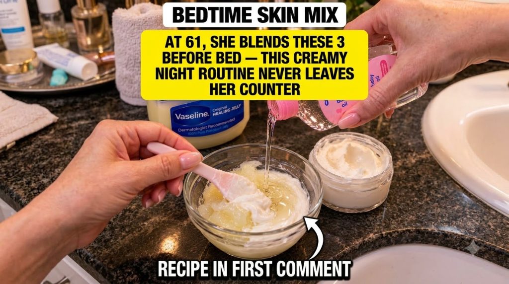 A person s hand mixing Vaseline Johnson s Baby Oil and peptide cream in a clear glass bowl on a dark counter with a John