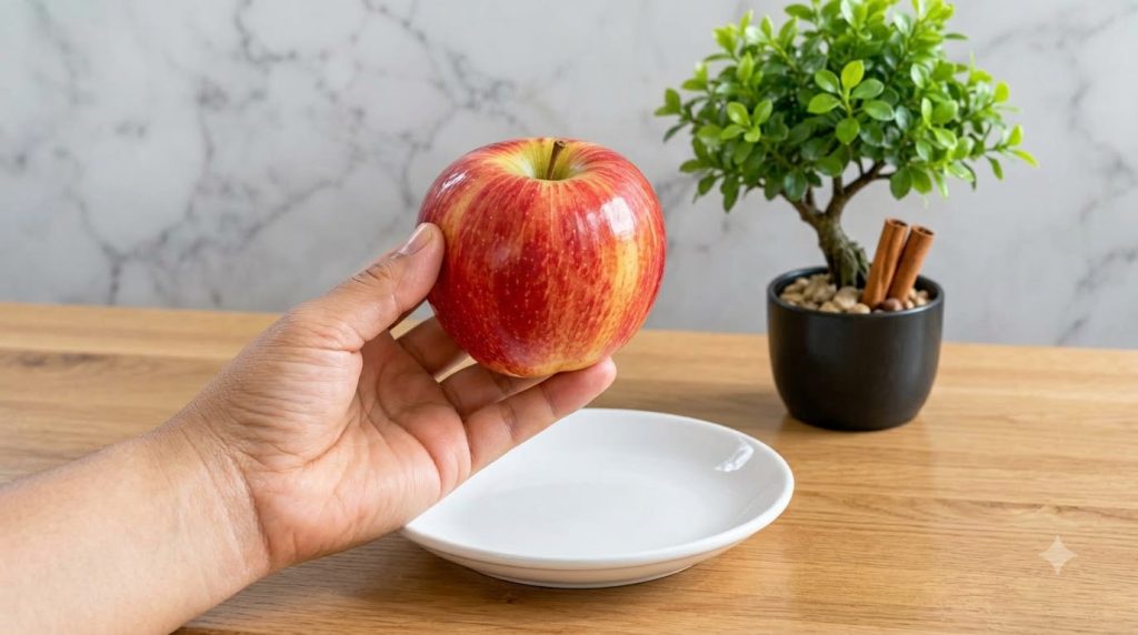 A hand holding a vibrant red apple with yellow undertones on a wooden surface with a white ceramic plate In the soft-foc