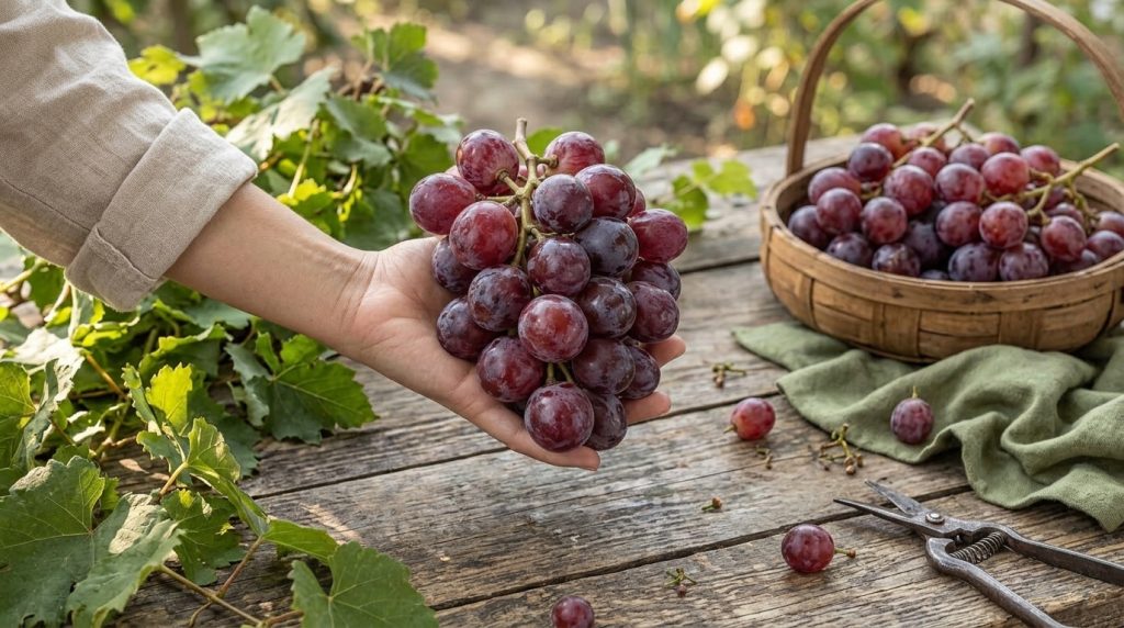 A hand holding a cluster of fresh red grapes highlighting their natural bloom and reddish-purple color The background is