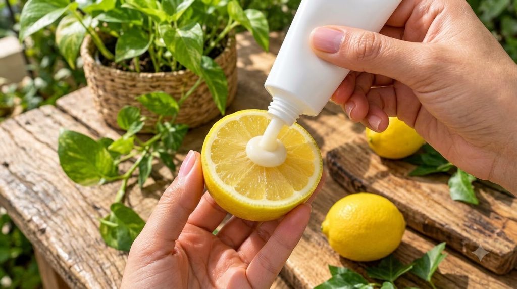 A person s hands are preparing ingredients One hand holds a vibrant freshly cut half lemon showing its juicy flesh The o