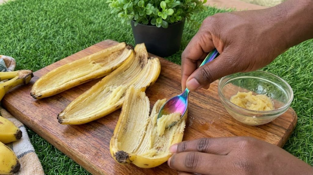 A close-up of a hand scraping the inside of banana peels on a rustic wooden cutting board with an iridescent spoon