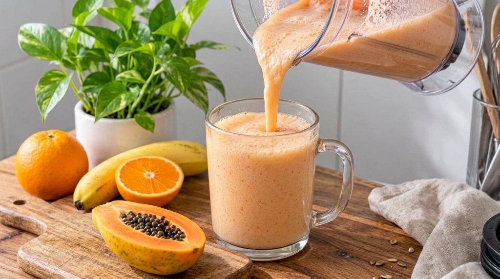 Una bebida espumosa de color melocotón claro siendo vertida desde una licuadora a una taza de vidrio