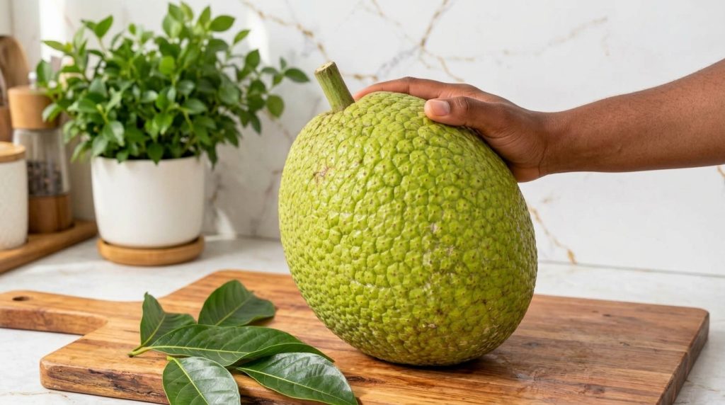 A blender filled with cooked breadfruit chunks plant milk and spices ready to be blended into a smooth drink