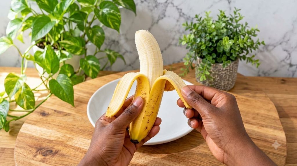 Dark-skinned hands holding a partially peeled ripe banana in a natural home kitchen setting