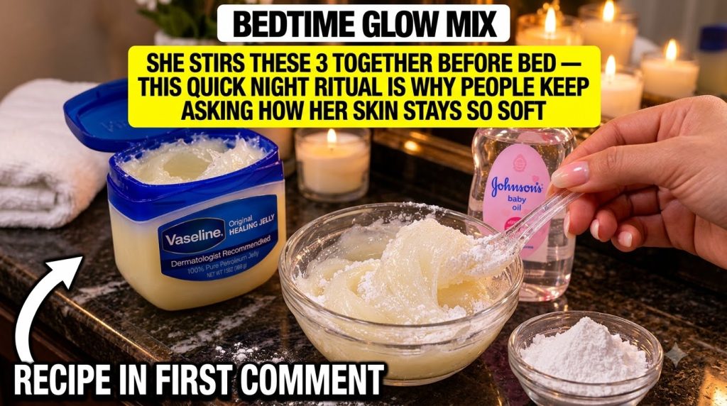 A close-up of a DIY beauty mixture being stirred in a clear glass bowl with a large tub of Vaseline Healing Jelly and a