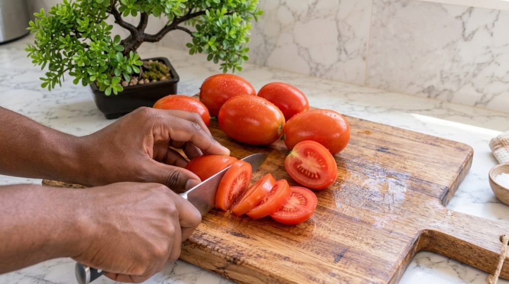 Hands slicing a ripe orange-red tomato on a rustic wooden cutting board with other whole tomatoes A green artificial bon