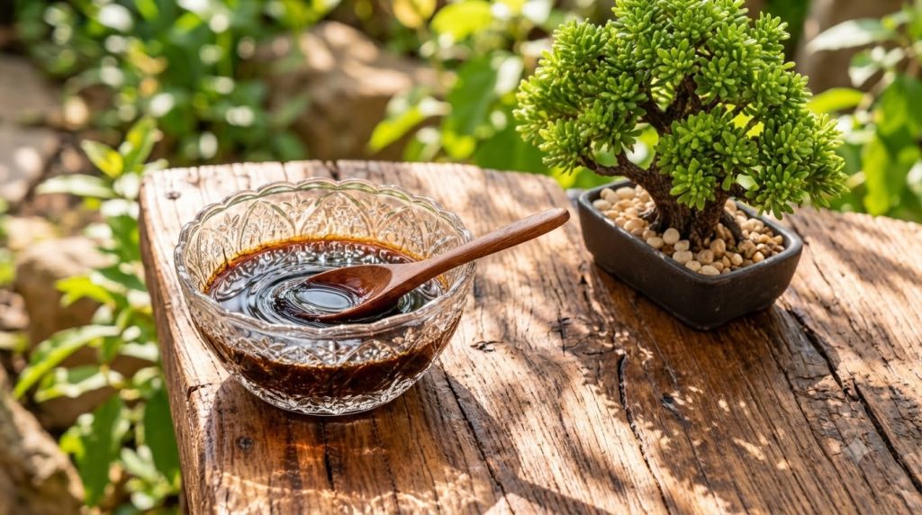 A close-up slightly overhead view of a small decorative clear glass bowl containing a dark viscous liquid likely a natur