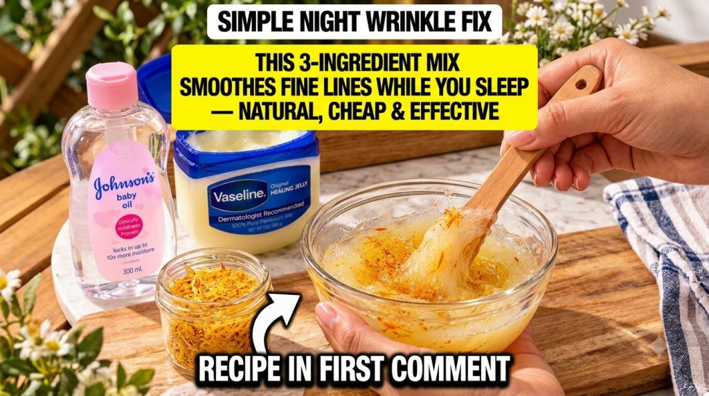 Hands mixing Vaseline baby oil and calendula balm in a clear glass bowl with a wooden stick The mixture is viscous and g