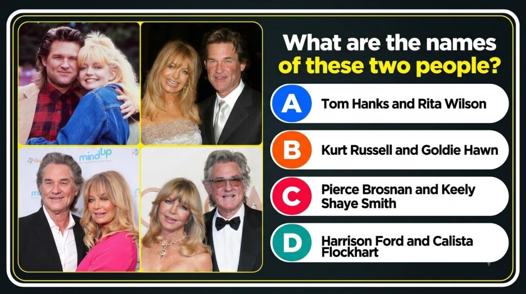 A quiz-style social media post featuring four composite photos of actors Kurt Russell and Goldie Hawn at different life