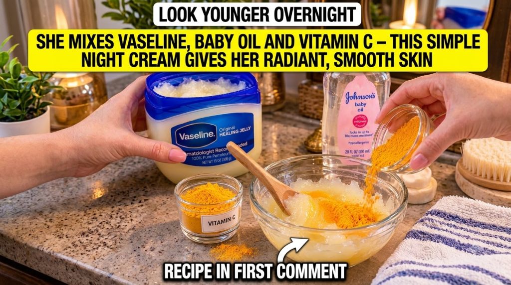 Hands mixing Vaseline baby oil and Vitamin C powder in a glass bowl to create a DIY night cream