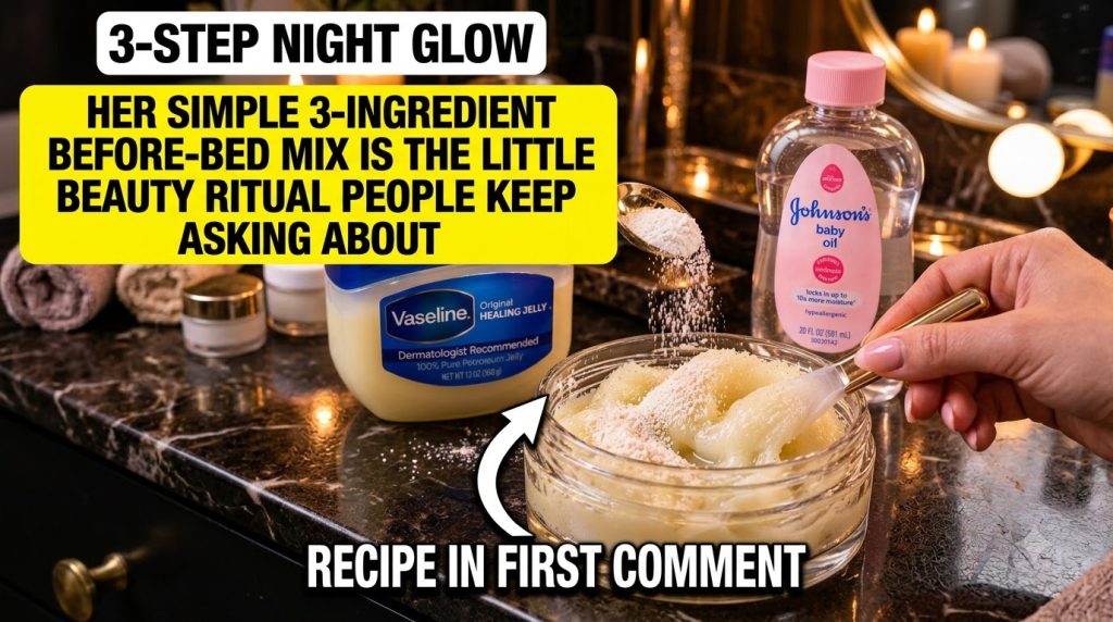 A close-up of hands mixing Vaseline Johnson s baby oil and niacinamide powder in a glass bowl on a dark countertop