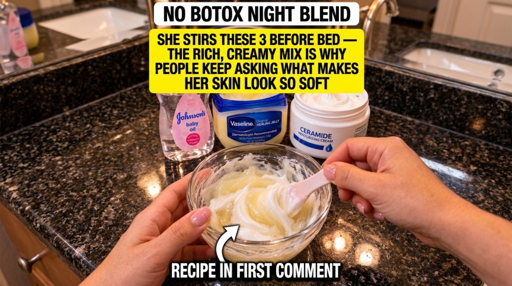 A hand gently stirring a creamy mixture of Vaseline Johnson s Baby Oil and Ceramide Moisturizing Cream in a glass bowl w