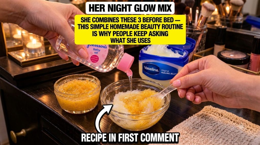 A close-up of a hand pouring Johnson s baby oil into a glass bowl containing melted Vaseline and a spoonful of royal jel