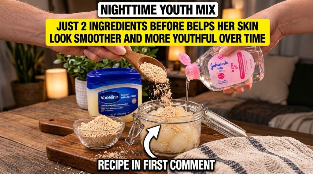 Hands mixing a homemade skincare remedy in a glass jar showing granular colloidal oatmeal baby oil and a tub of Vaseline