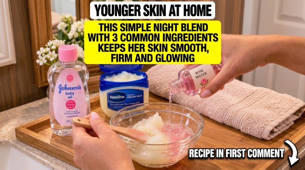 A hand pouring rose water into a clear glass bowl with a mixture with Vaseline and Johnson s Baby Oil visible in the bac