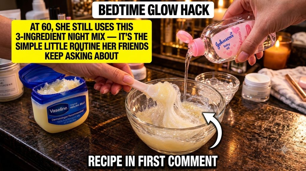 Hands mixing Vaseline Johnson s Baby Oil and Panthenol Gel in a clear glass bowl with a pink spatula top-down view