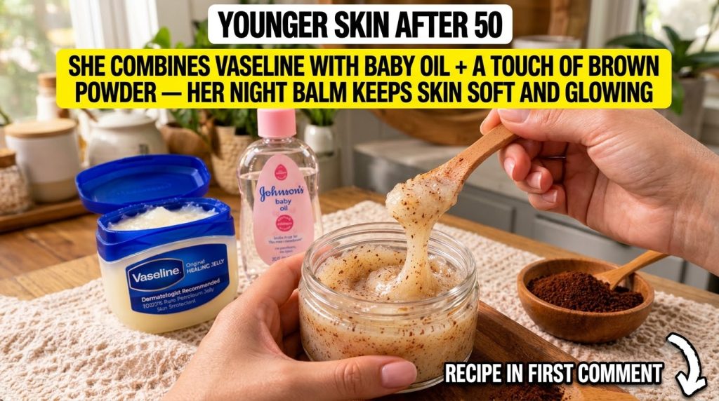 A close-up top-down shot of a creamy speckled homemade beauty balm being mixed in a glass jar with a wooden spoon In the
