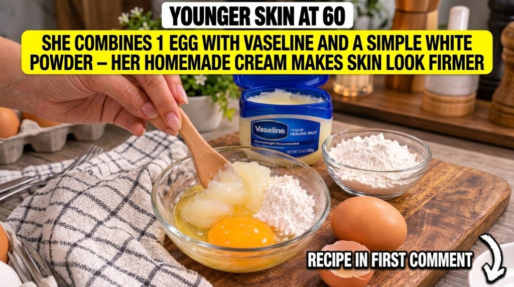 A close-up of a hand mixing a bright yellow egg yolk Vaseline and white rice powder in a clear glass bowl with a wooden