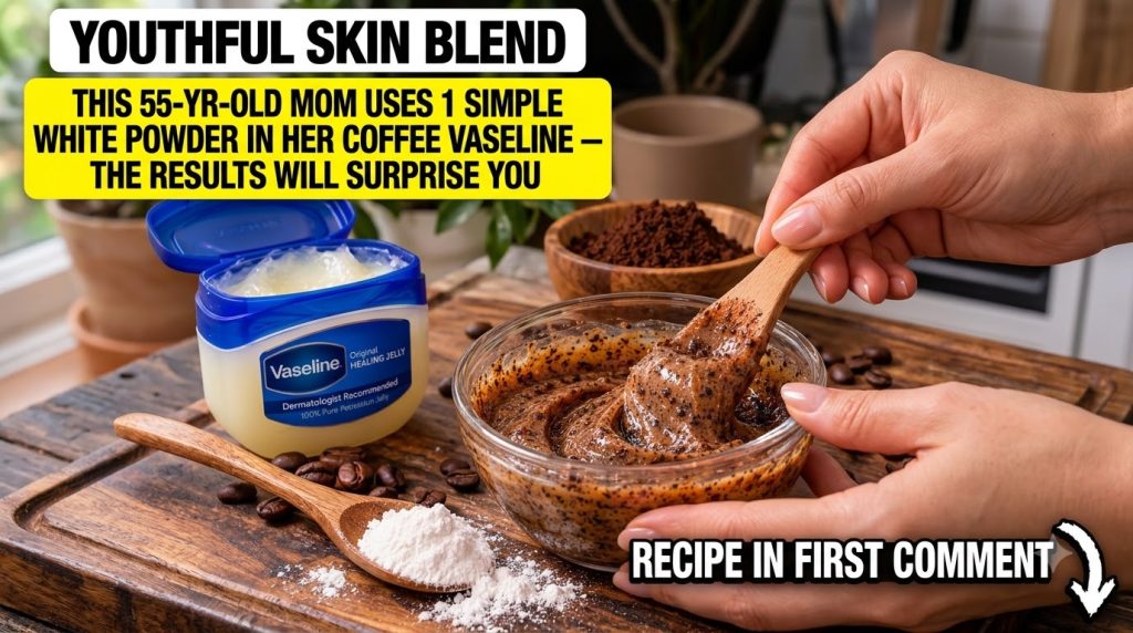 A close-up of a hand stirring a mixture of Vaseline and coffee grounds in a glass bowl on a wooden surface with an open