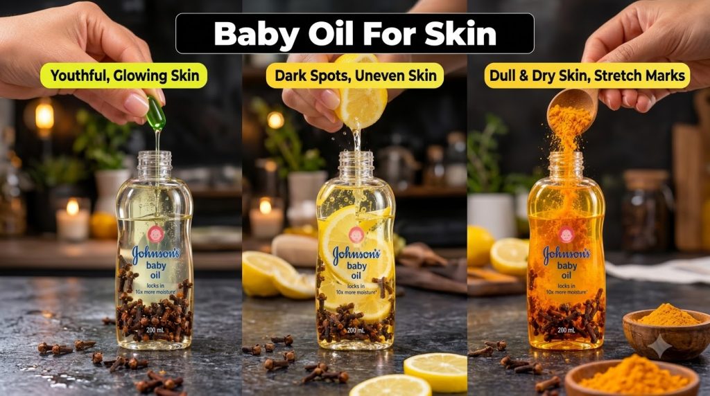 Three Johnson s Baby Oil bottles each infused with different natural ingredients One bottle contains cloves and a green
