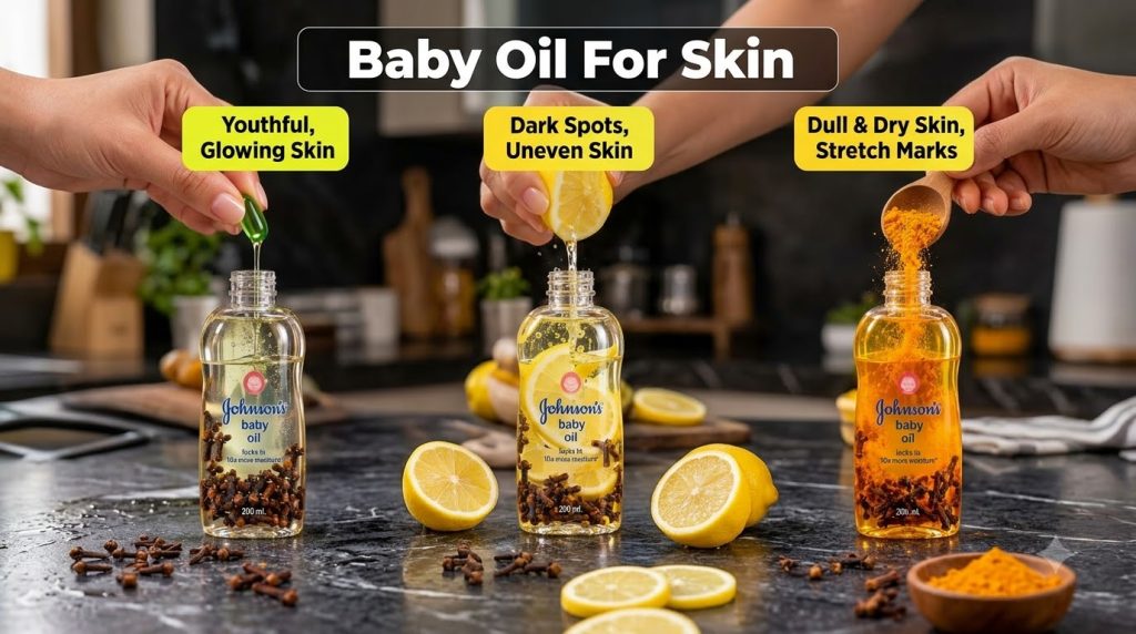 Three bottles of Johnson s baby oil each being infused with different natural ingredients by hands one with oil from a g