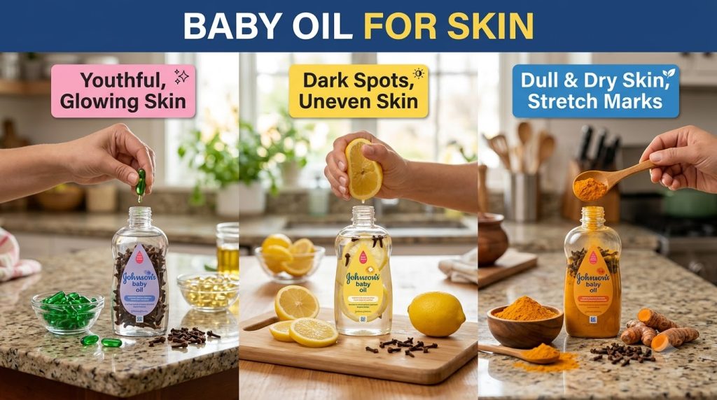 A vertical triptych showing three Johnson s baby oil bottles each infused with natural ingredients The left shows a bott