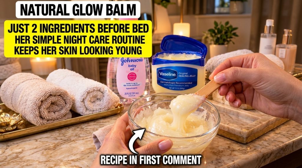 A close-up of a person s hands mixing a creamy white balm in a glass bowl with a wooden stick with bottles of Vaseline a