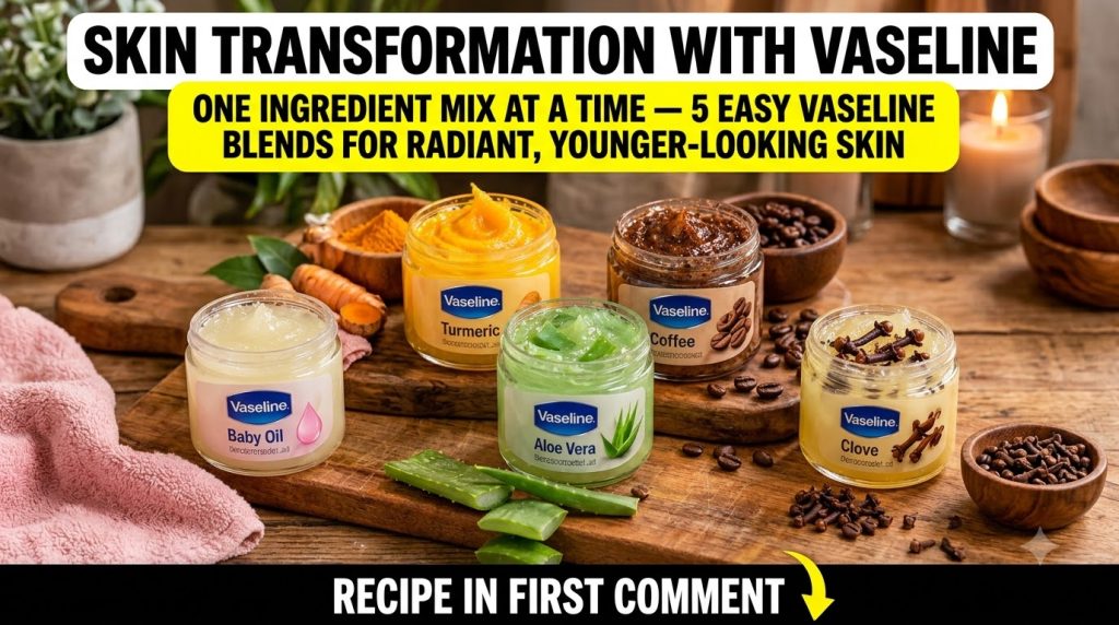 Five open jars of Vaseline each blended with a different natural ingredient like turmeric coffee baby oil aloe vera and 