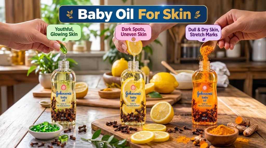 Three distinct variations of Johnson s Baby Oil each infused with different natural ingredients presented in a vertical 