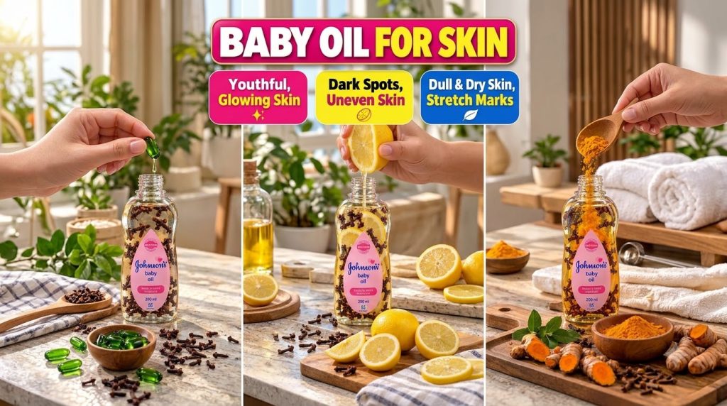 A vertical triptych showing three DIY baby oil infusions Left hand adding a green vitamin E capsule to a bottle with clo