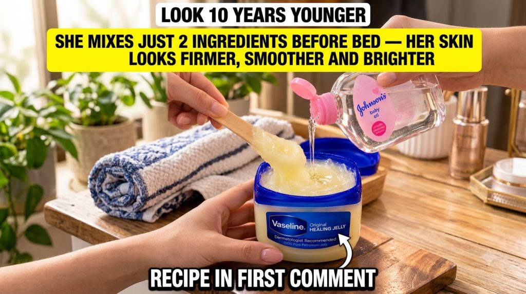 A person s hands mixing Vaseline Johnson s Baby Oil and chamomile cream in a small glass jar with a wooden stick