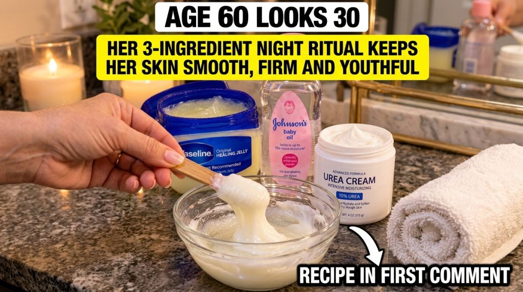 A hand mixing Vaseline Johnson s Baby Oil and Urea Cream in a glass bowl Various beauty products are visible around the 