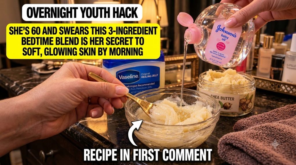 A hand pouring Johnson s baby oil into a glass bowl containing Vaseline and shea butter with a gold spoon capturing the 
