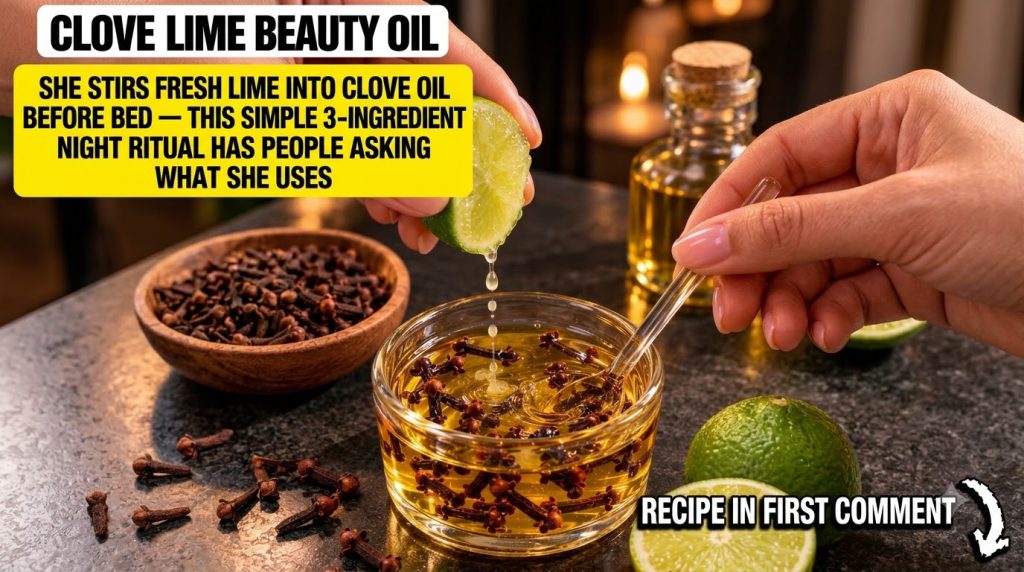 Hands gently squeezing a fresh lime half into a clear glass bowl containing baby oil and clove buds with a stirring rod 