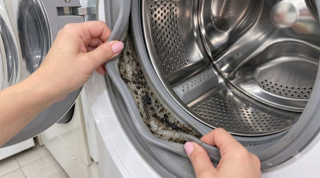 Close-up of a washing machine s open door showing a hand with pink nails pulling back the rubber seal to reveal heavy di