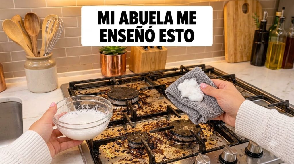 Hands holding a microfiber cloth with white cleaning paste and a bowl of milky liquid preparing to clean a very dirty ga